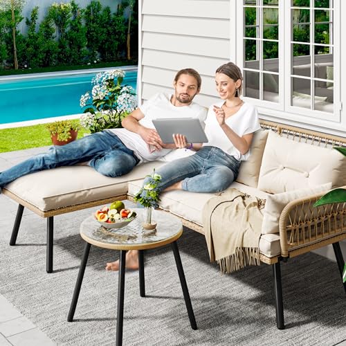 Beige Wicker Patio Furniture Set with Cushions and Side Table Q656446