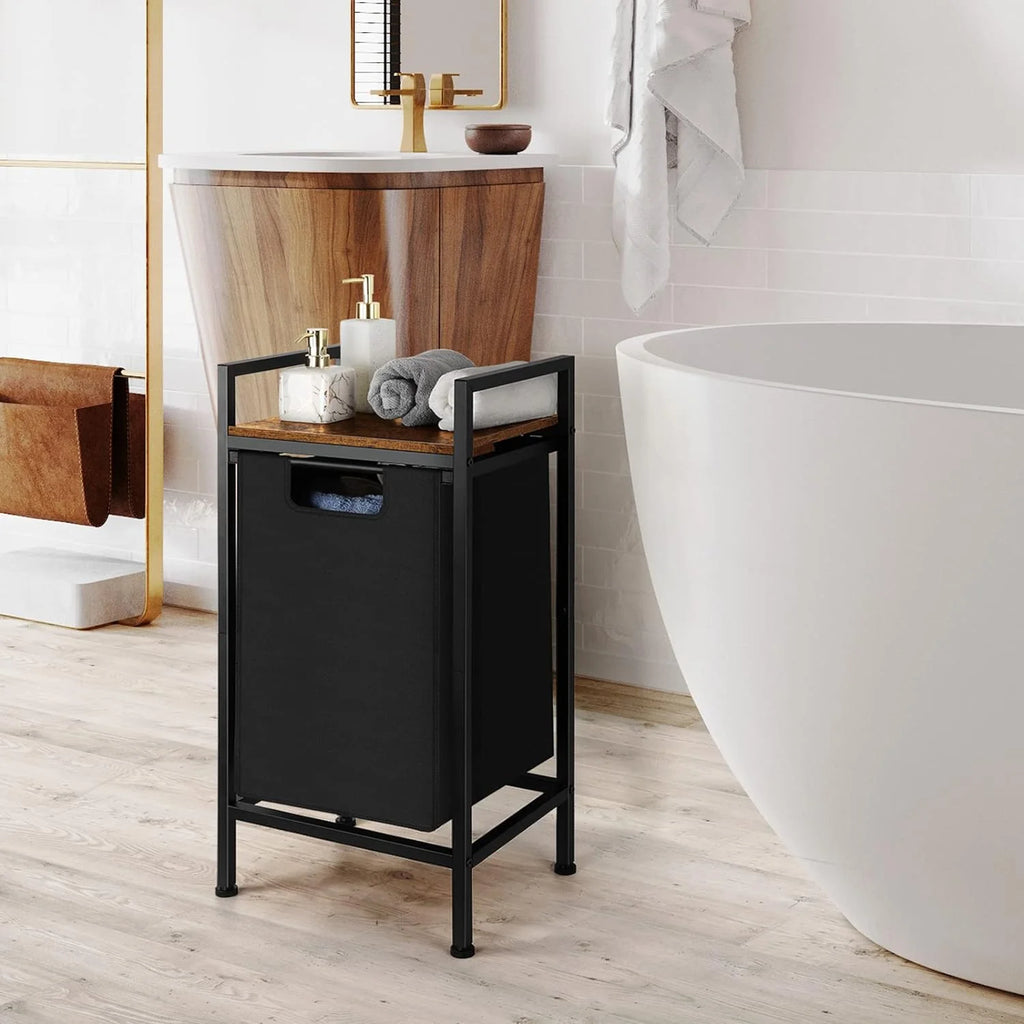 Black Laundry Hamper Basket with Removable Bag and Wood Shelf K869
