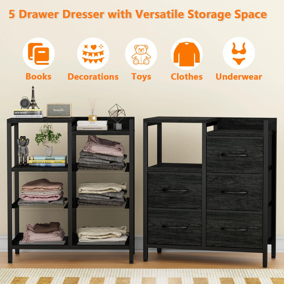 5 Fabric Drawers Rustic Brown Dresser L78266