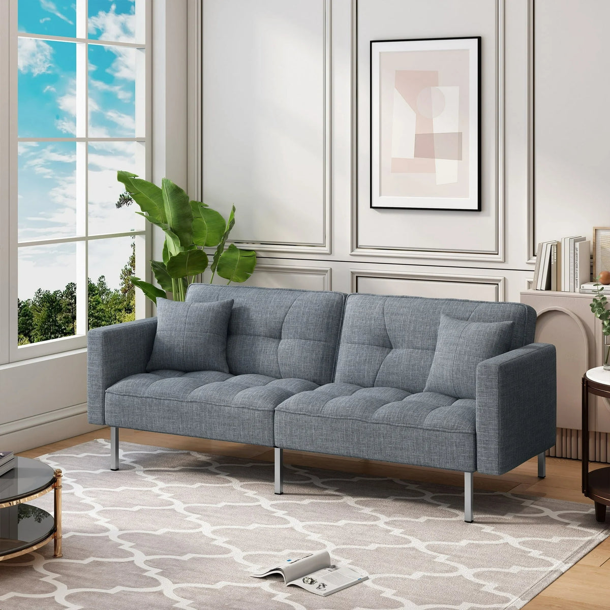 Dark Gray Linen Convertible Futon Sofa Bed X768