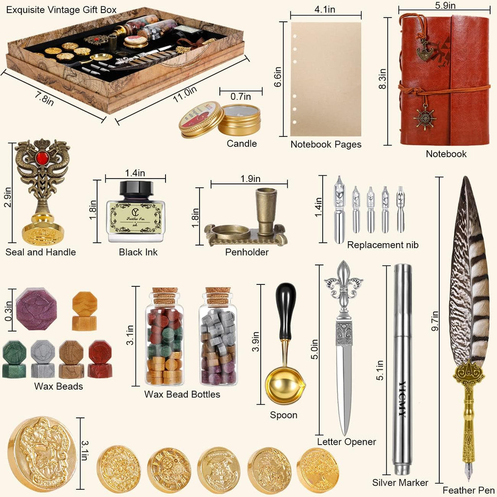 Pheasant Quill Pen and Ink Set Wax Seal Stamp Kit with Leather Journal Notebook, 7 Wax Stamp Heads, Pack of 2 V346