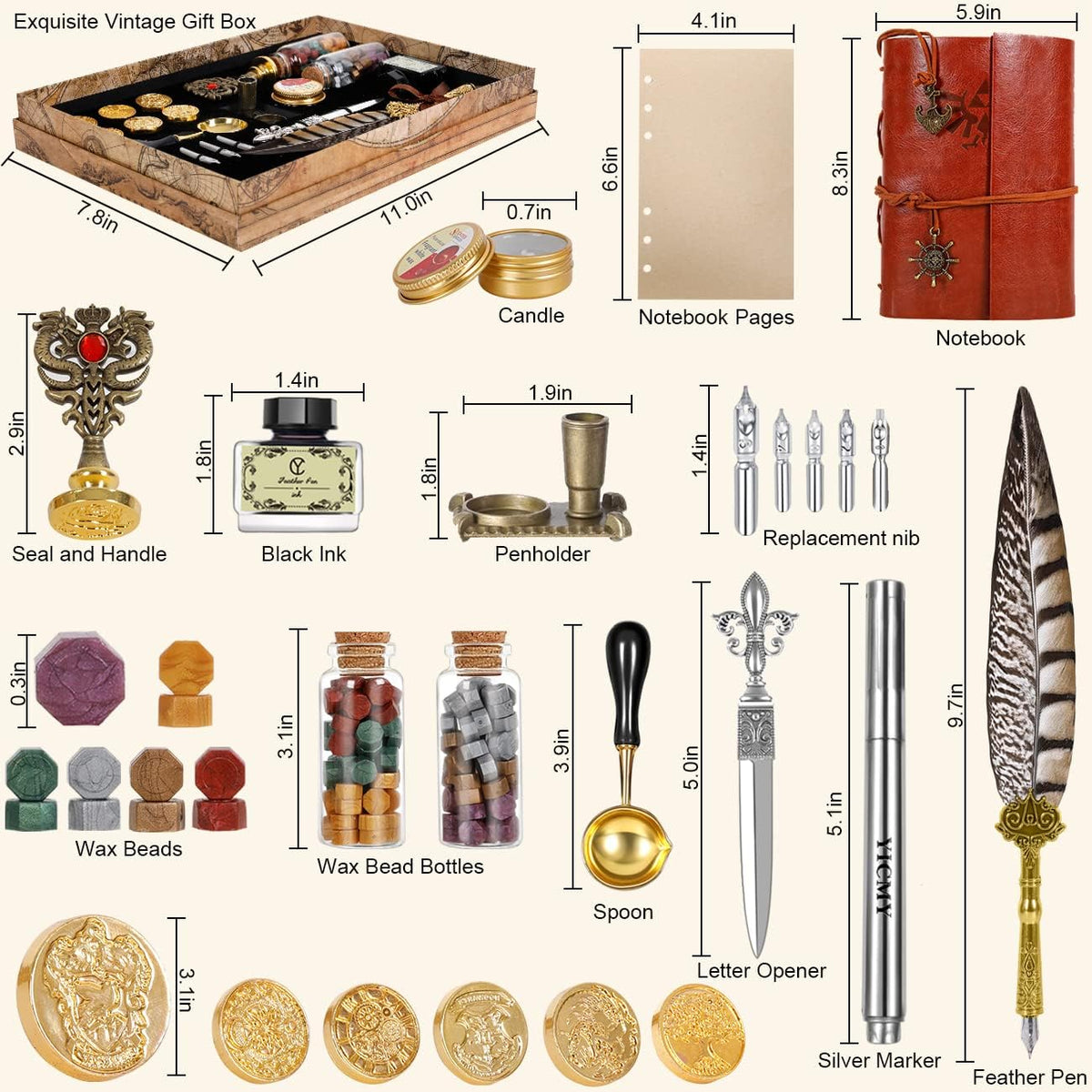Pheasant Quill Pen and Ink Set Wax Seal Stamp Kit with Leather Journal Notebook, 7 Wax Stamp Heads, Pack of 2 V346