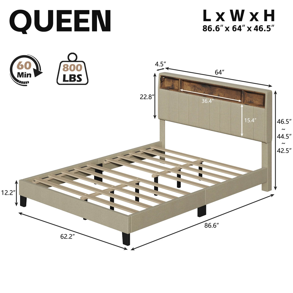 Queen Bed Frame with Adjustable Headboard Charging Station Storage LED Lights Dark Grey X2512
