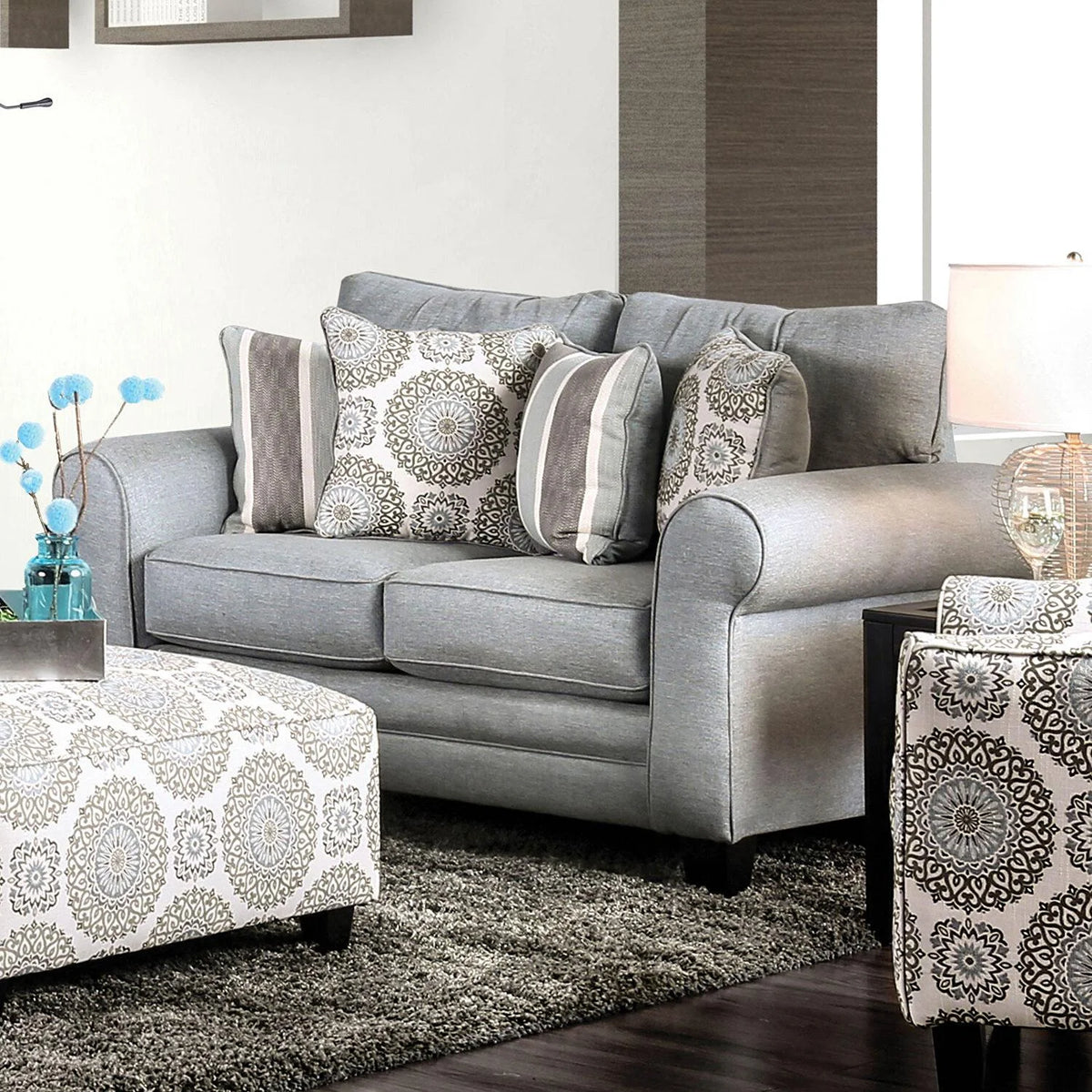 Blue Gray Fabric Living Room Set 5pcs S533