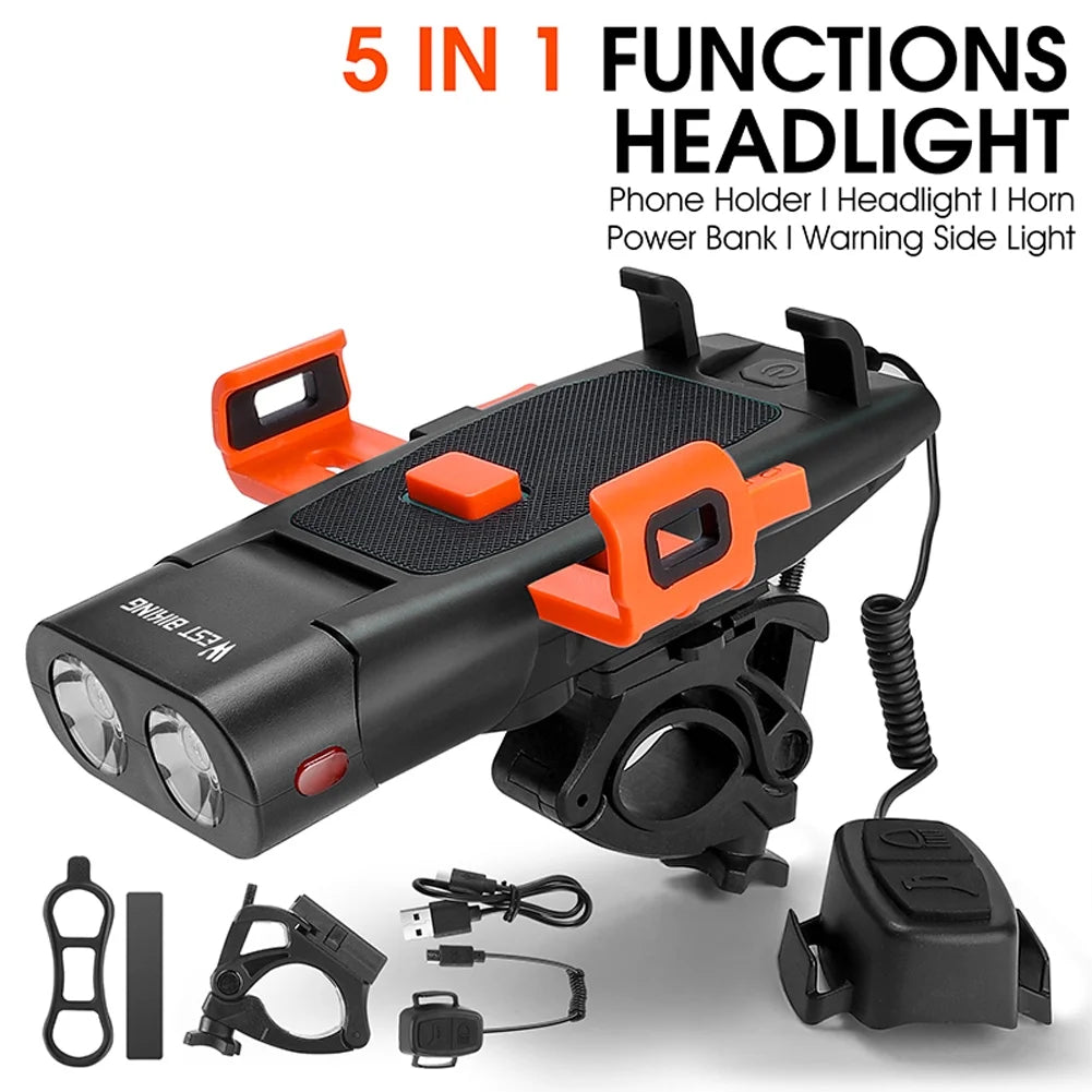 5in1 Bike Front Bracket Lamp Horn Mobilephone Holder Warning Bell Powerbanks USB Rechargeable Cycling Accessories E783