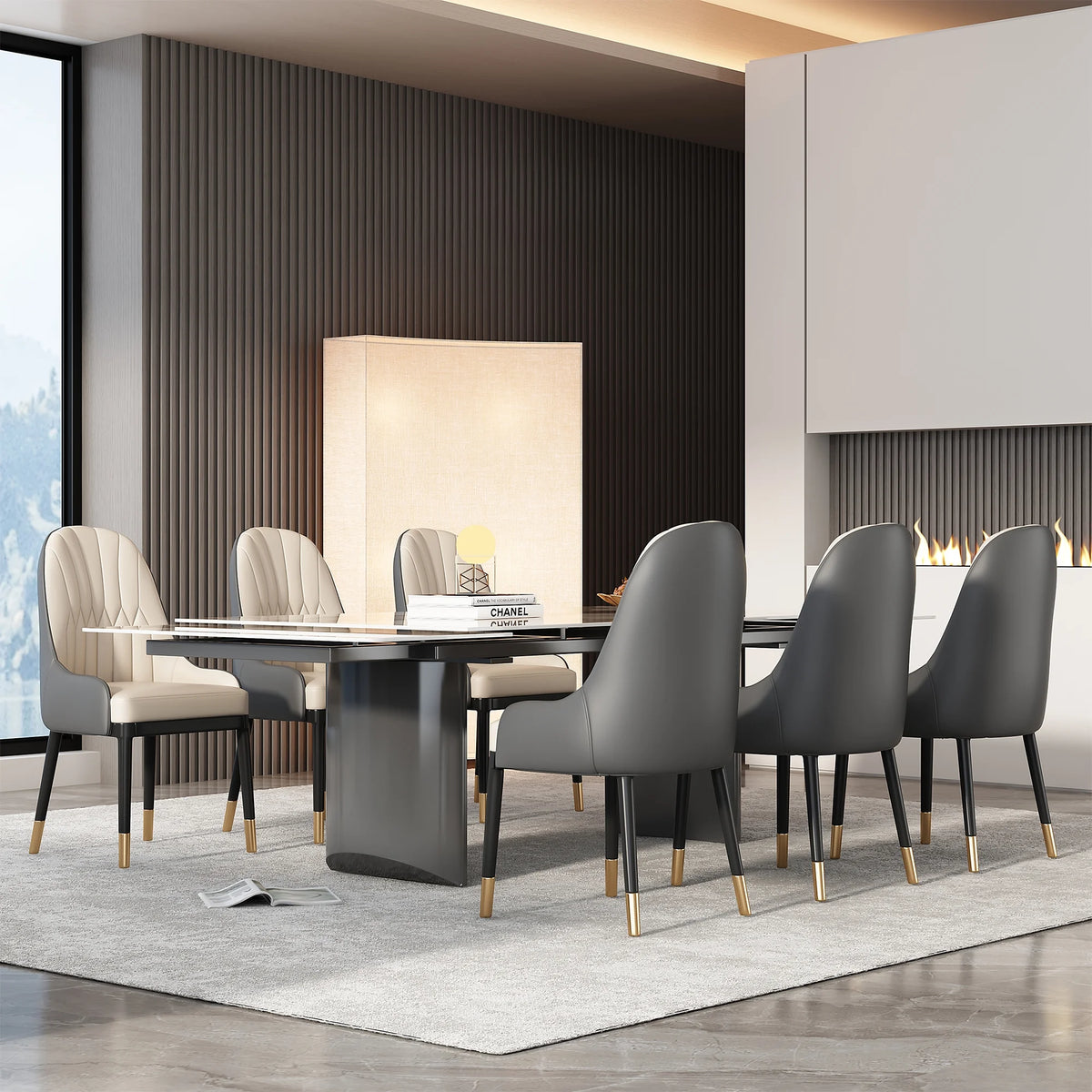 6-Person Extendable Dining Set with Sintered Stone Top and Stainless Steel Legs A3889