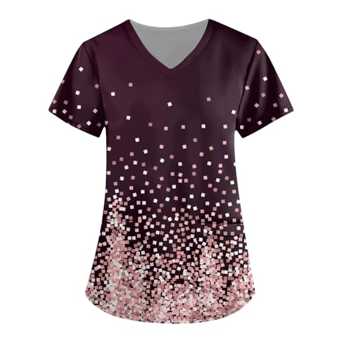 Womens Floral Printed Short Sleeve V Neck Scrubs Tops with Pocket Z8443