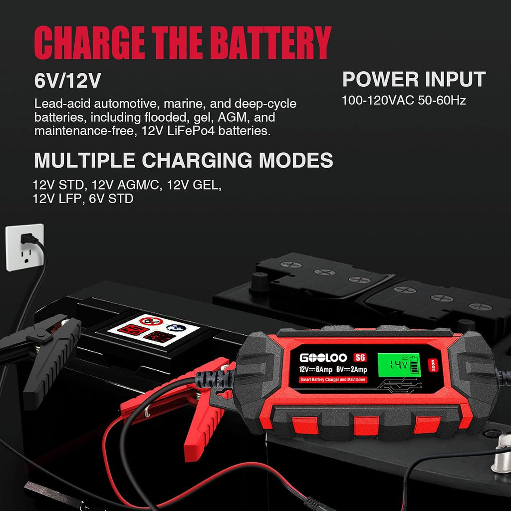 6 Amp 6V 12V Battery Charger Maintainer for Lead-Acid Battery Up to 150Ah LCD Display Pack of 2 A142