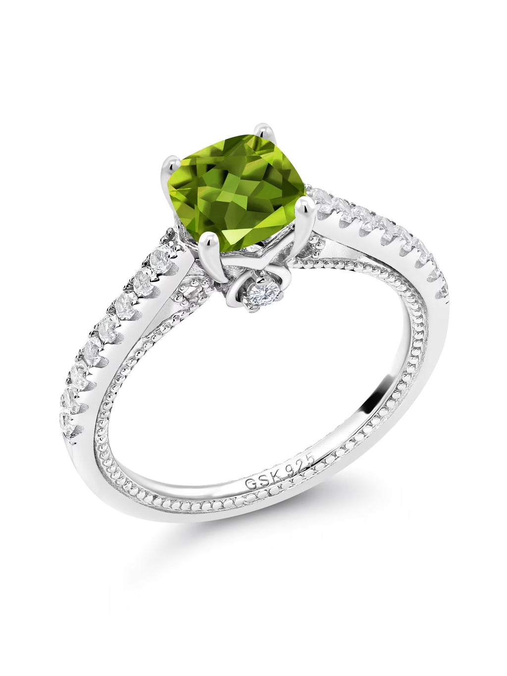 925 Sterling Silver Green Peridot and White Created Sapphire Engagement Ring U242
