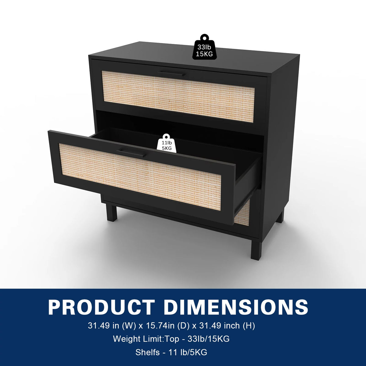 Black 3 Drawer Rattan Wood Accent Table B389