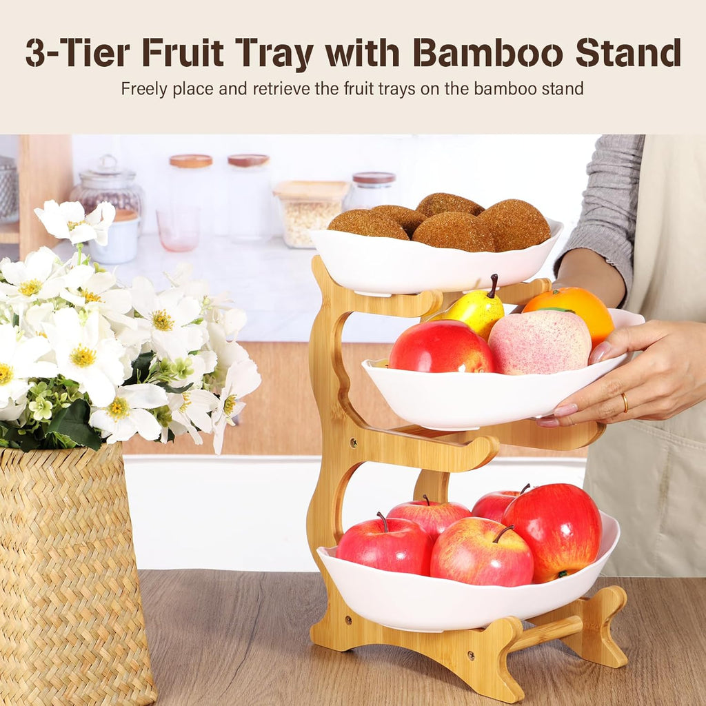 3 Tier Plastic Fruit Basket with Bamboo Stand O33918
