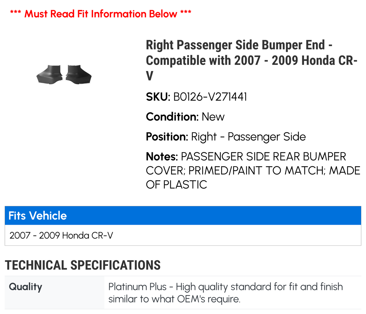 2007-2009 Honda CR-V Right Passenger Side Bumper End S7369