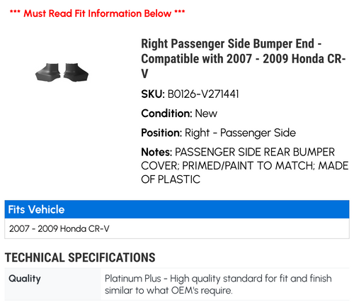 2007-2009 Honda CR-V Right Passenger Side Bumper End S7369