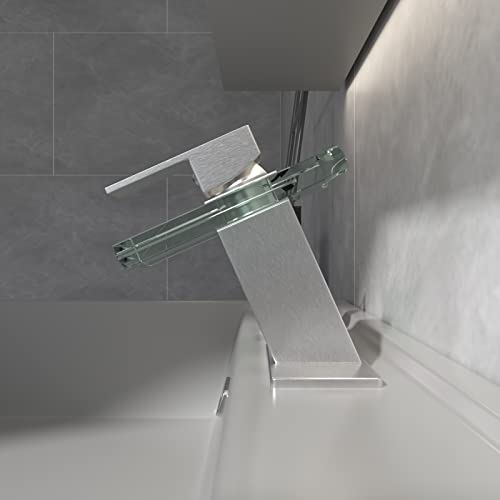 Black Bathroom Faucet Glass Waterfall Single Handle Sink Faucet Matte Black I50179