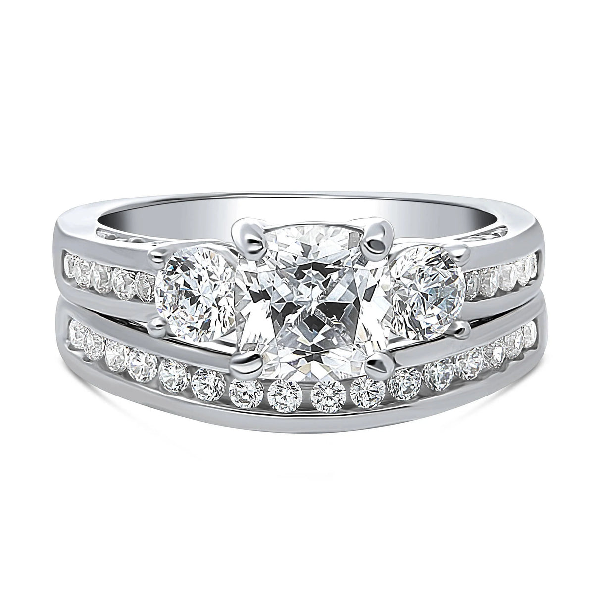 Sterling Silver Cushion Cut Cubic Zirconia Ring Set, Rhodium Plated Size 8.5 I740