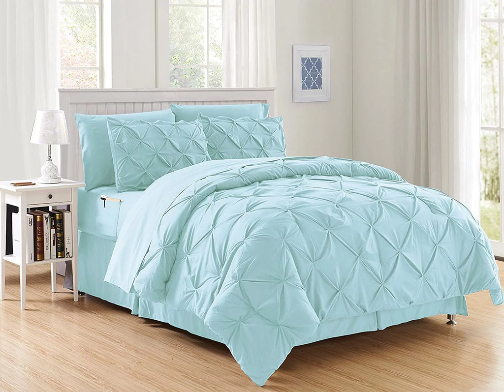Aqua Full/Queen Pintuck Comforter Set with Bed Sheet Set Z87730