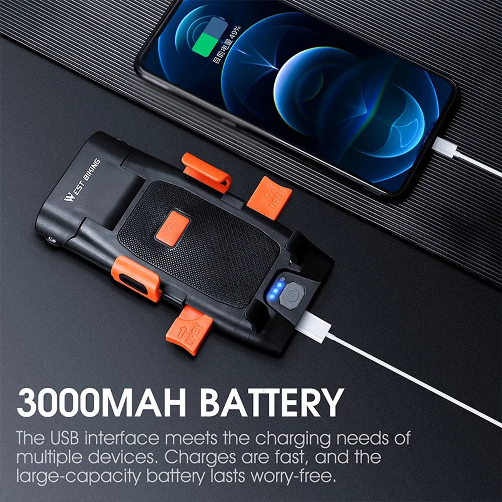 5in1 Bike Front Bracket Lamp Horn Mobilephone Holder Warning Bell Powerbanks USB Rechargeable Cycling Accessories E783