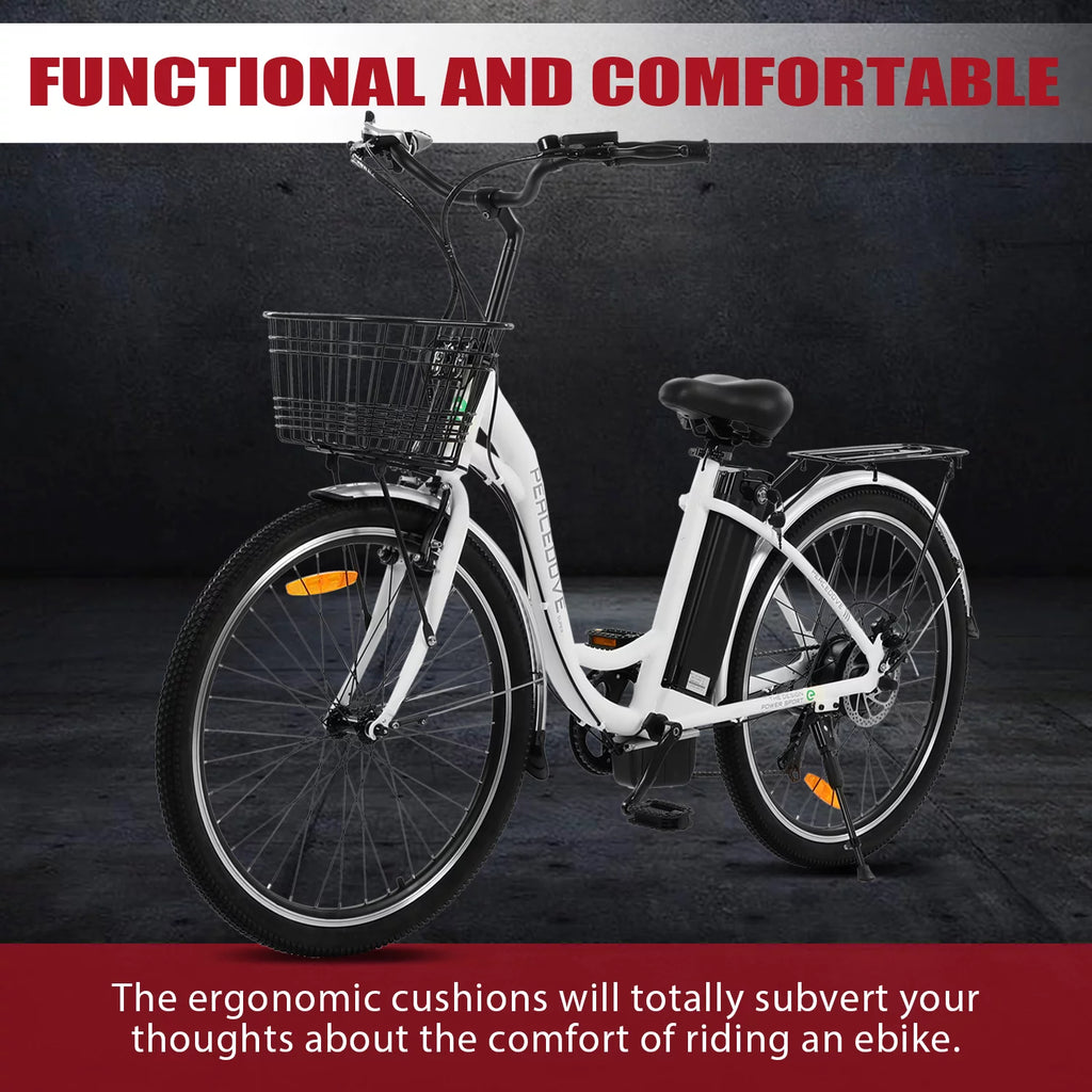 26 Inch 350 W White 7 Speed Electric Bicycle with Basket W497