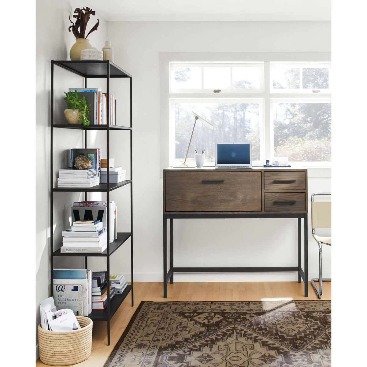Modern Slim Bookcase Recycled Natural Steel Black G47086