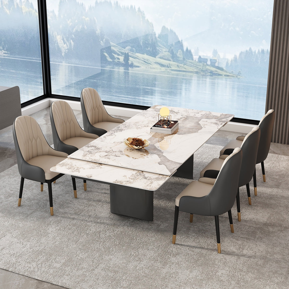 6-Person Extendable Dining Set with Sintered Stone Top and Stainless Steel Legs A3889