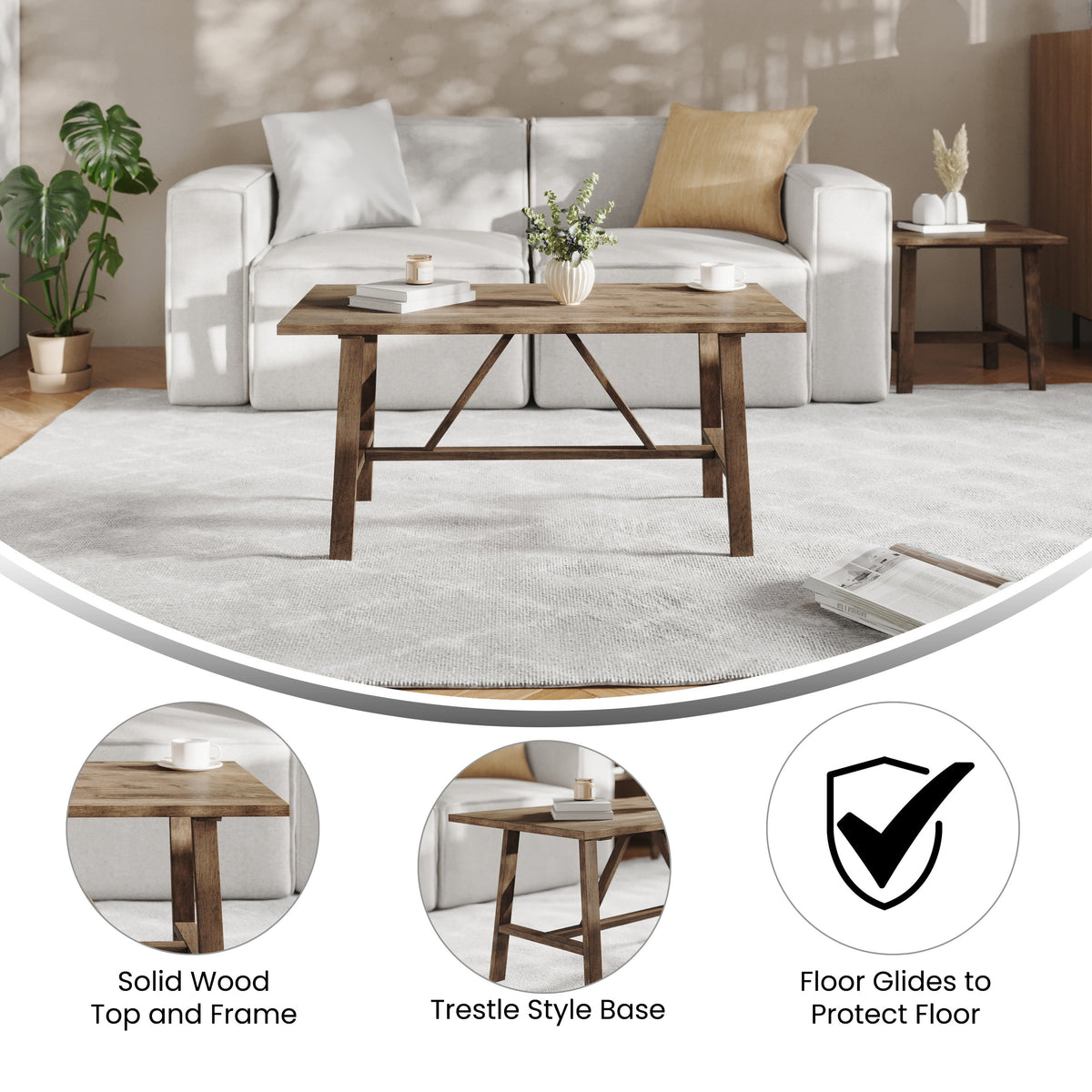 Solid Wood Farmhouse Coffee Table in Rustic Brown R389