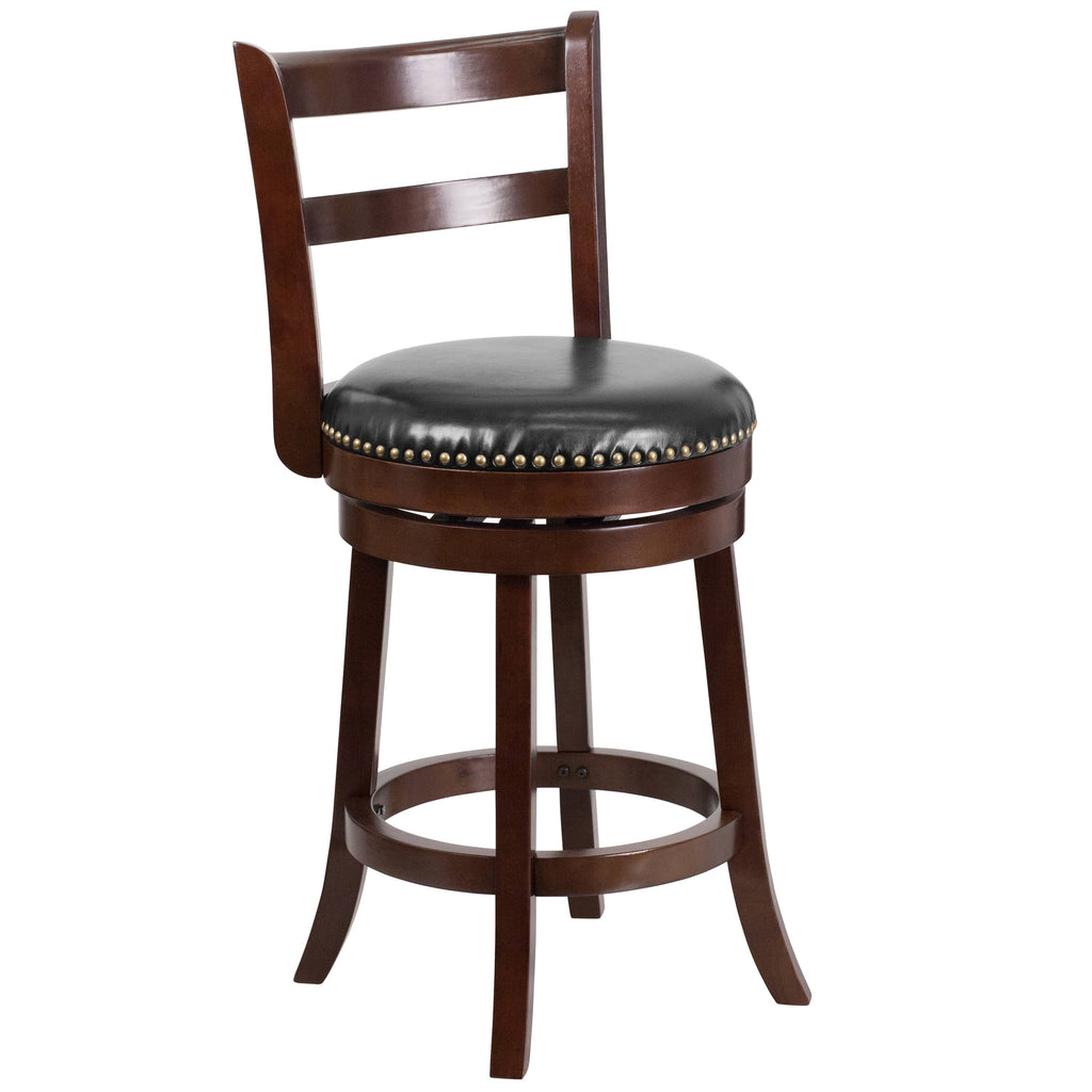 Cappuccino Wood Counter Height Stool with Black Leather Swivel Seat L2519