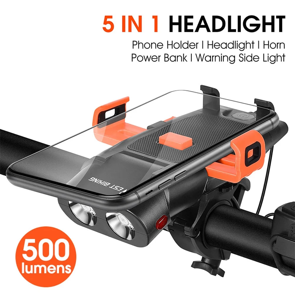 5in1 Bike Front Bracket Lamp Horn Mobilephone Holder Warning Bell Powerbanks USB Rechargeable Cycling Accessories E783