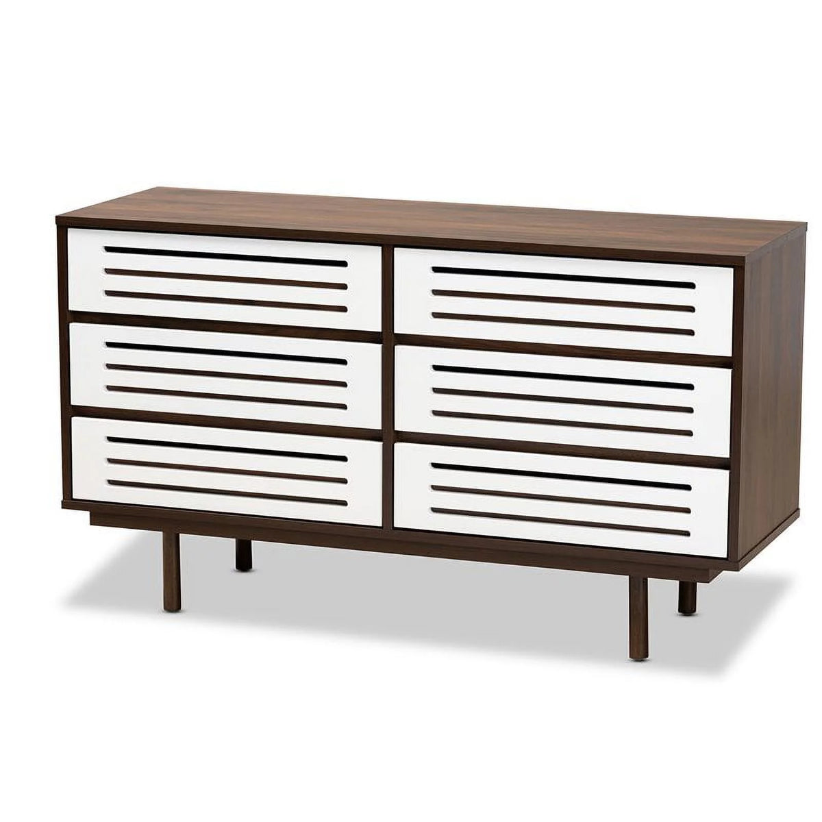 6 Drawer Wooden Double Dresser in Walnut and White O688