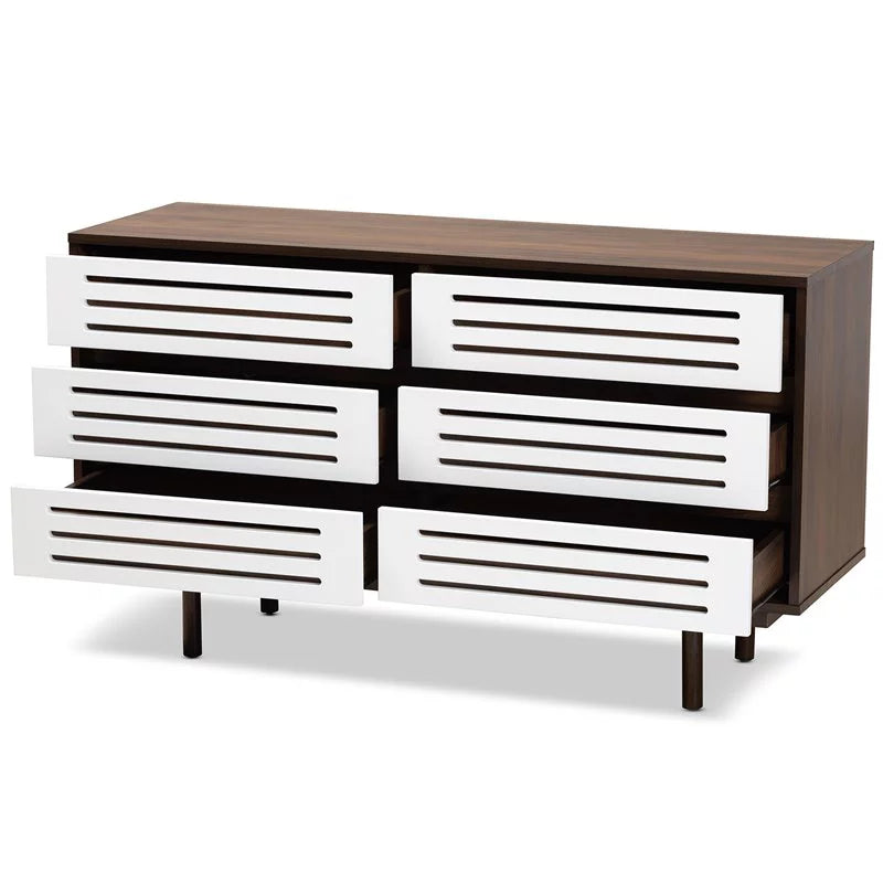 6 Drawer Wooden Double Dresser in Walnut and White O688