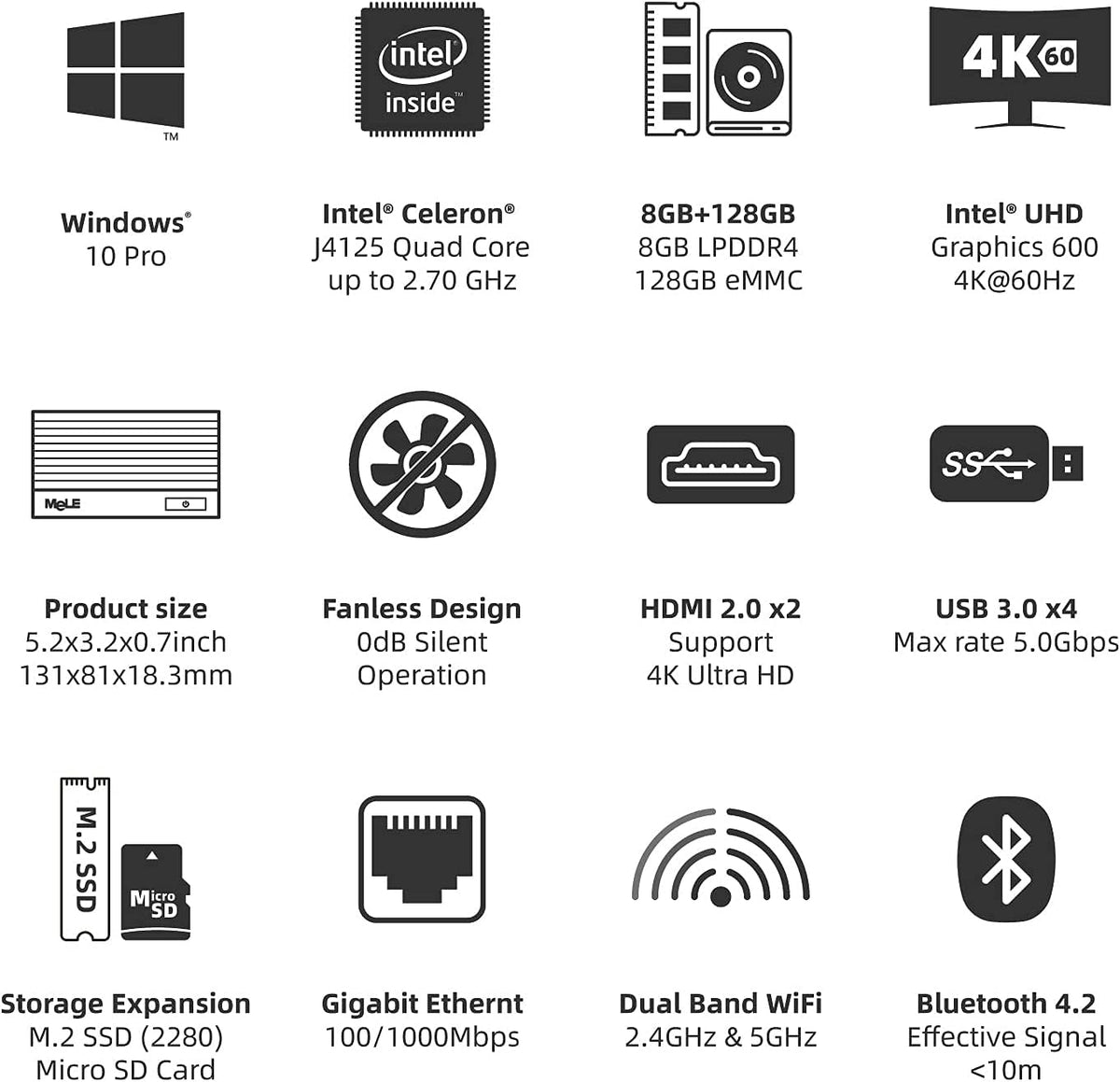 Fanless Mini PC Window11 Pro Celeron J4125 8GB/128GB Small Desktop Computer Dual HDMI 4K Output V598