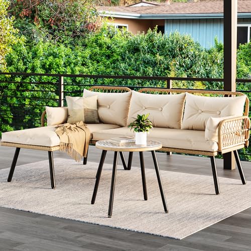 Beige Wicker Patio Furniture Set with Cushions and Side Table Q656446