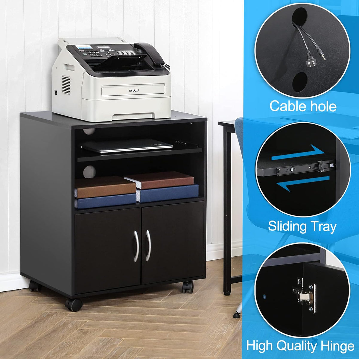 Black Mobile File Cabinet with Keyboard Tray and Doors on Wheels R211888