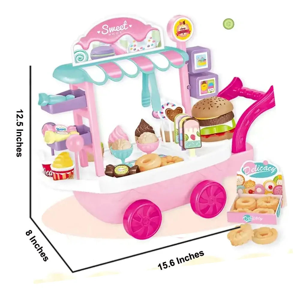 Dessert Candy Trolley Kitchen Toy Set with Umbrella Food Dishes H9808