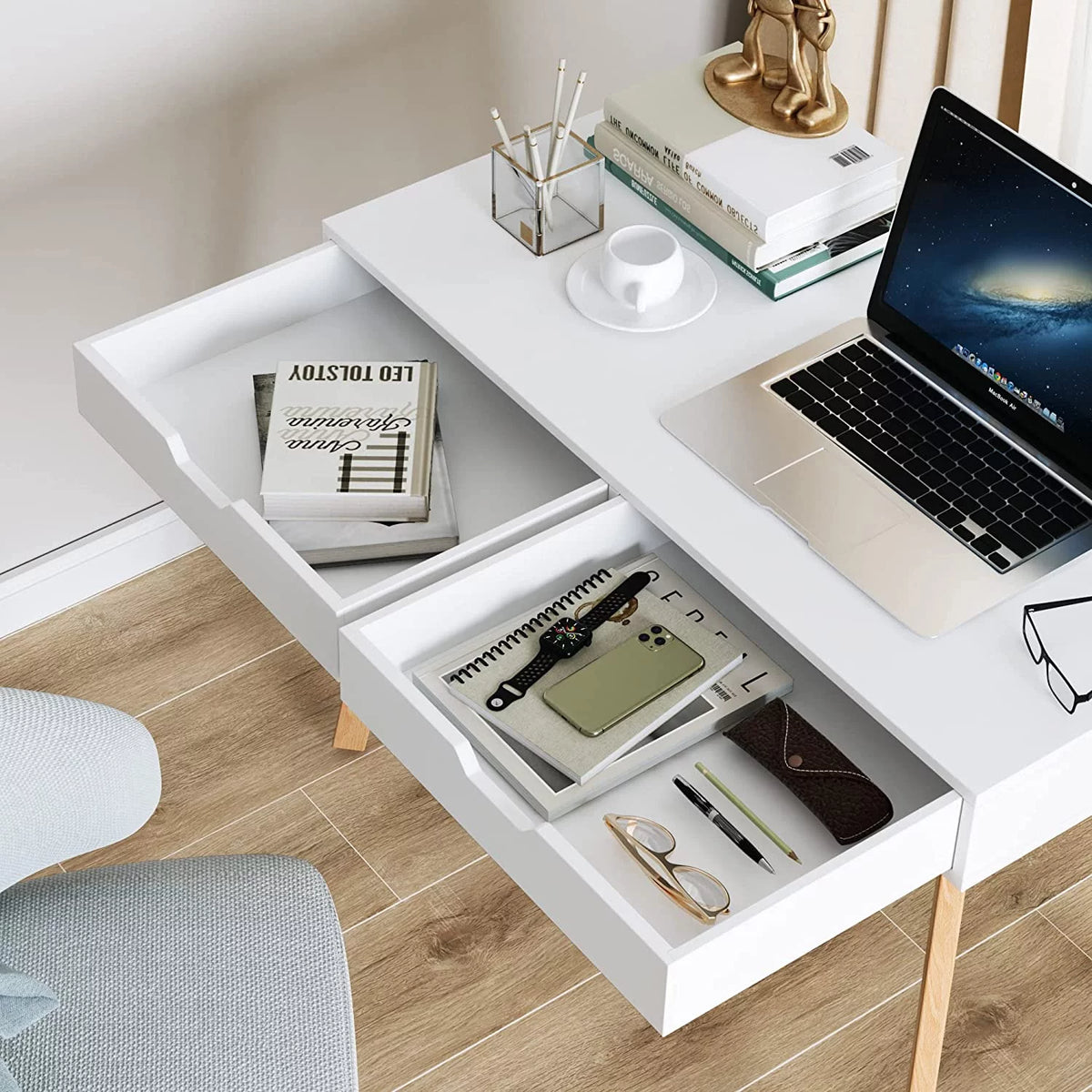 White Computer Writing Desk with 2 Drawers I9515