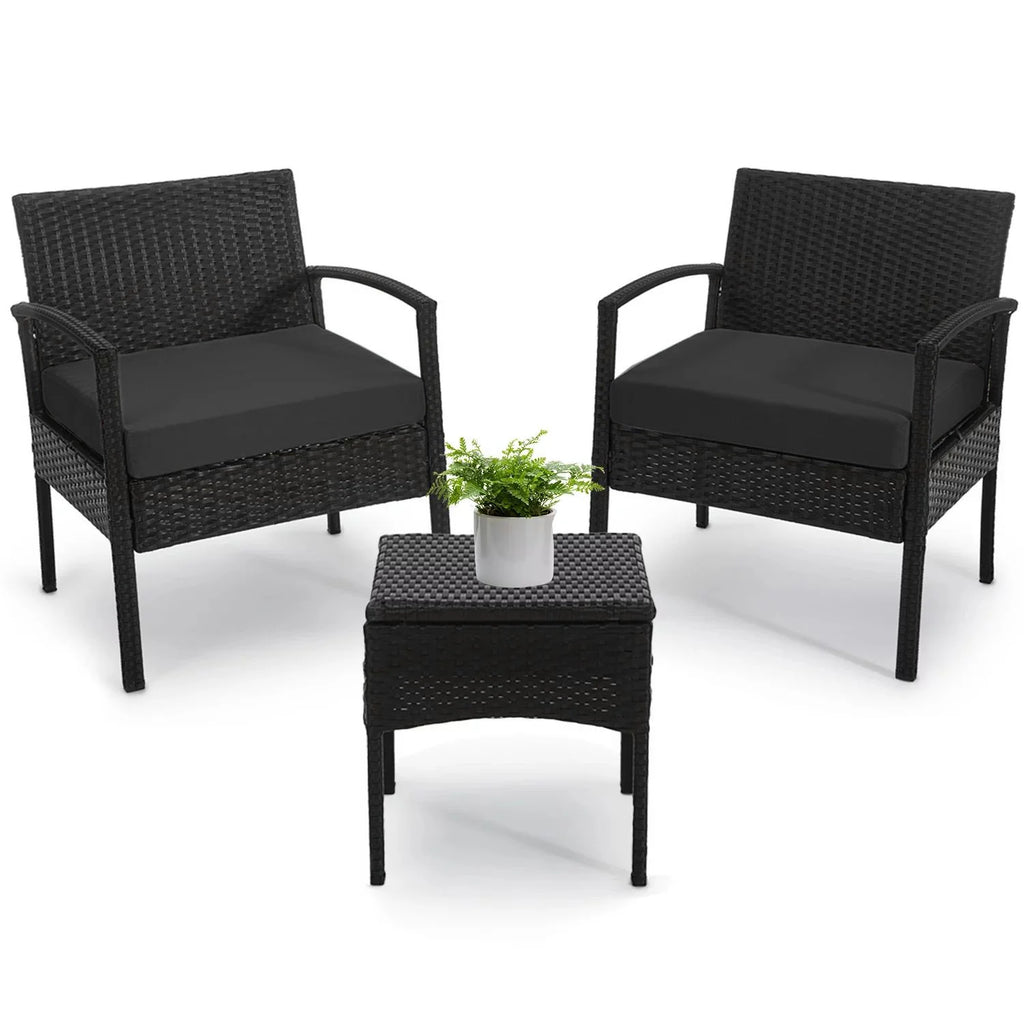 3 Piece Rattan Bistro Set with Side Table and Cushions E447
