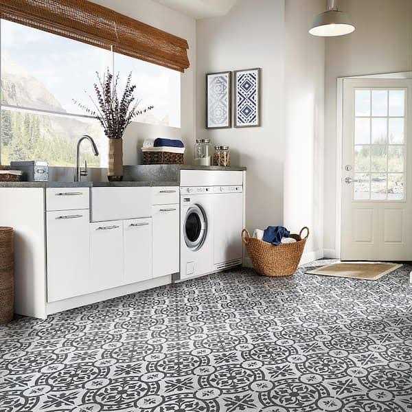 Black and White 2 MIL x 12 in. W x 12 in. L Peel and Stick Water Resistant Vinyl Tile Flooring M725428