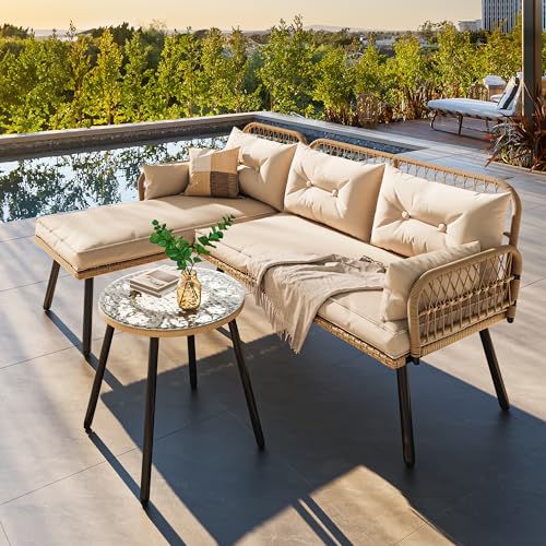 Beige Wicker Patio Furniture Set with Cushions and Side Table Q656446