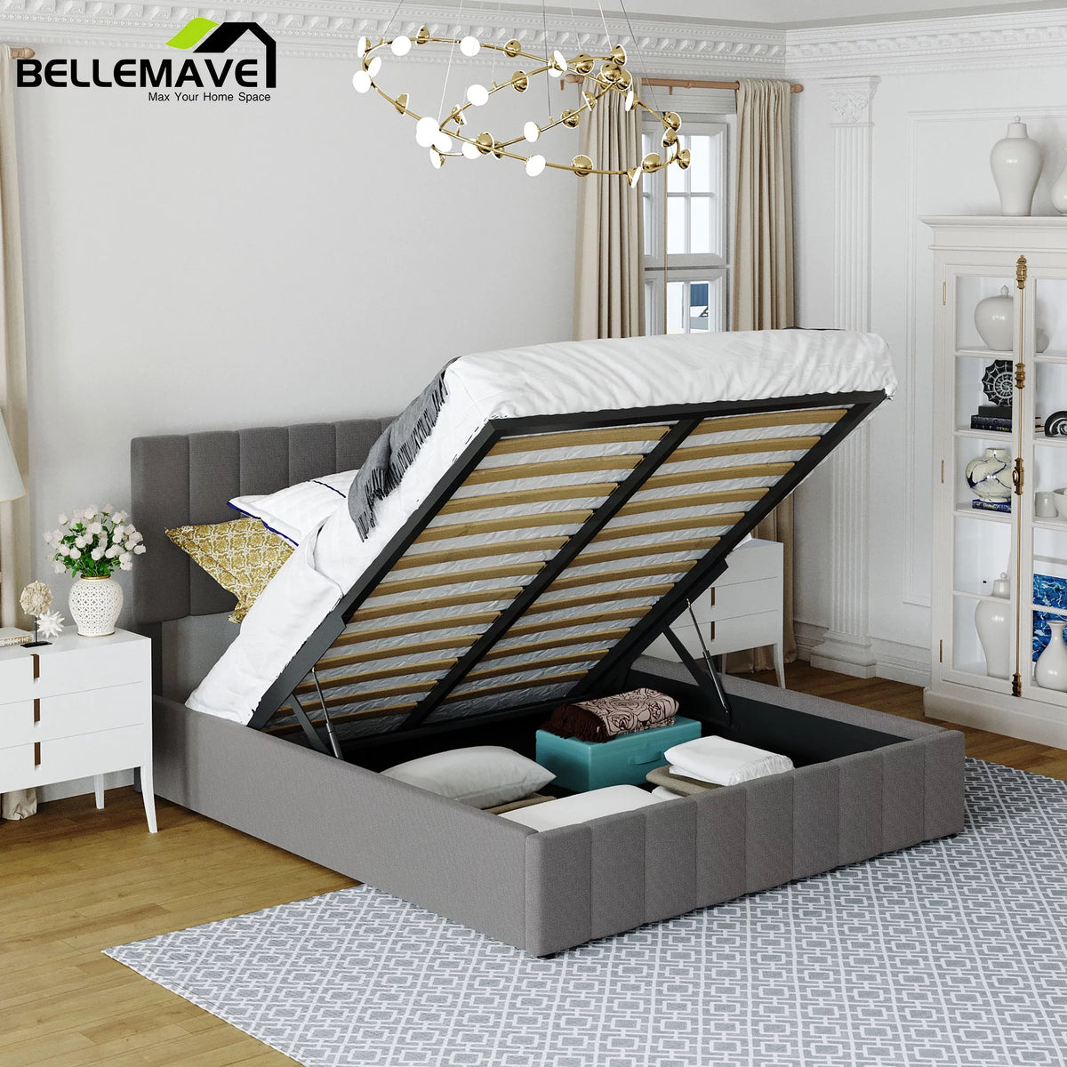 Gray Queen Size Upholstered Platform Bed with Storage N564646