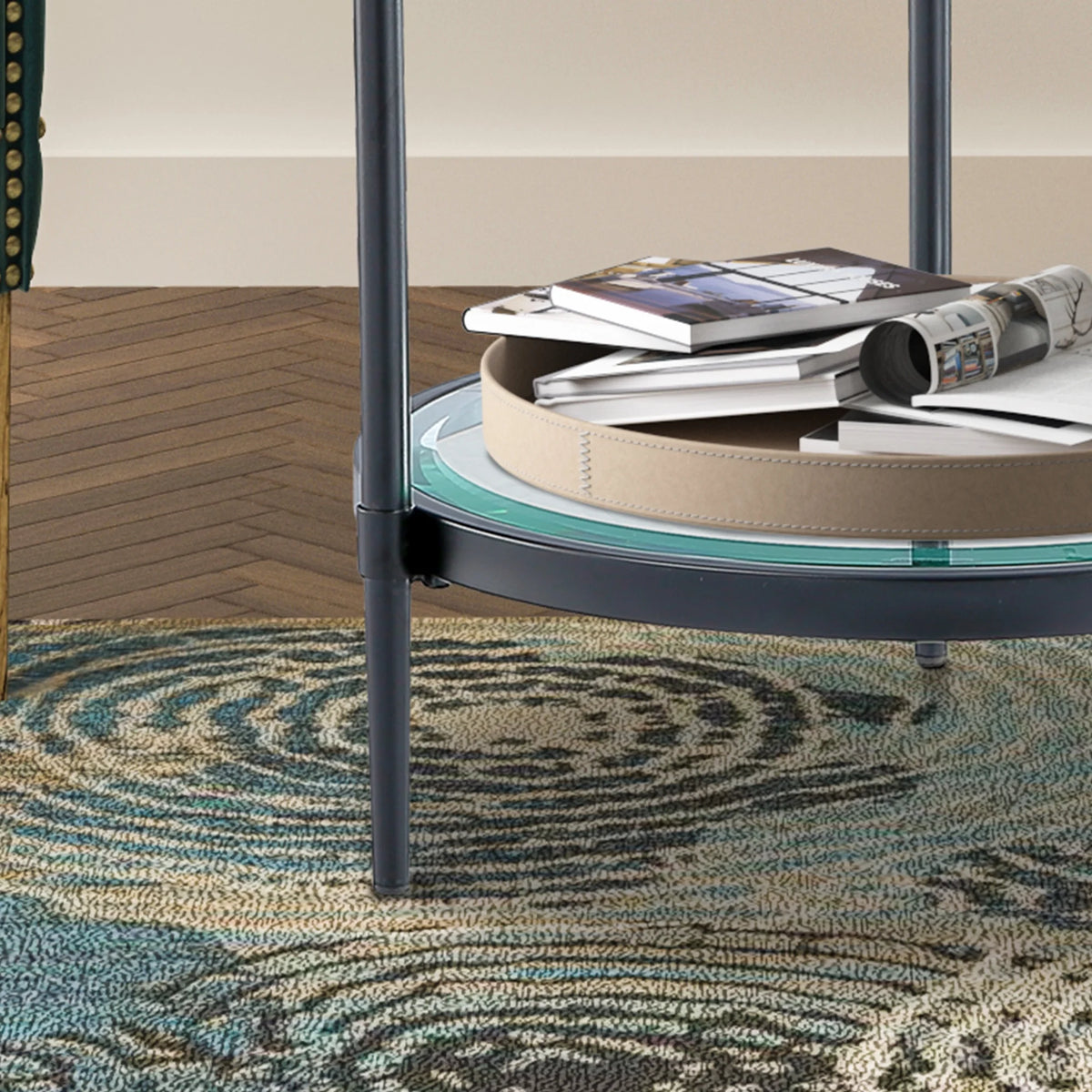 Round Coffee End Table with Temper Glass Top and Metal Leg G7644