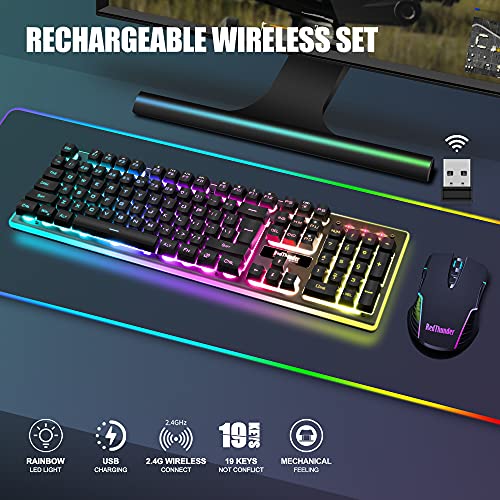 Wireless Gaming Keyboard and Mouse Combo with LED Backlit Rechargeable 3800mAh Battery, Mechanical Feel Anti-ghosting Keyboard and 7D 3200DPI Mice (Black) Y353609