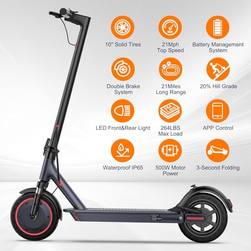 Folding Electric Scooter with 10" Solid Tires, 500W Motor, 22 Miles Long Range O861