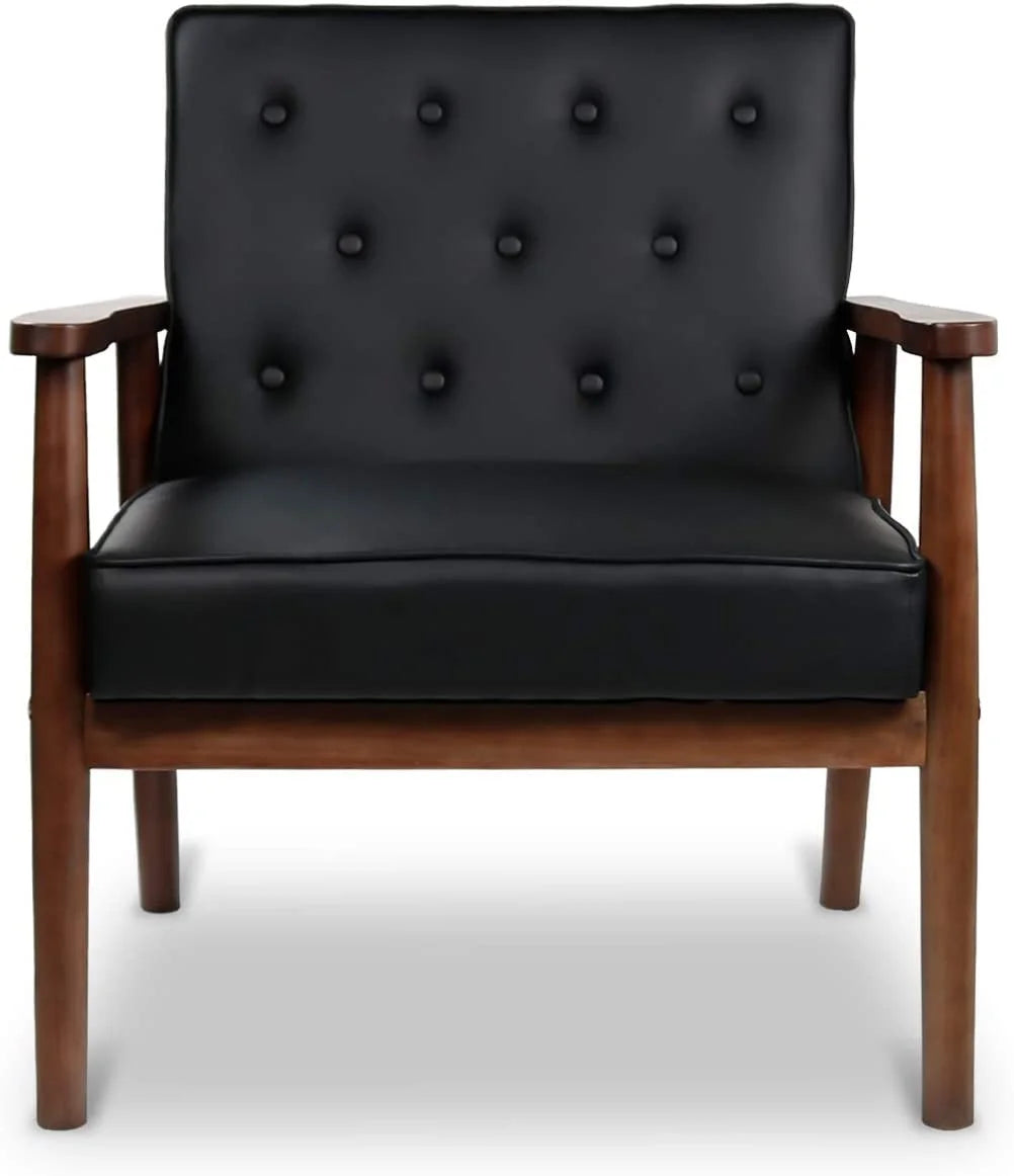 Mid-Century Accent Chair Wooden Arm Upholstered Tufted Back Lounge Chair R1548