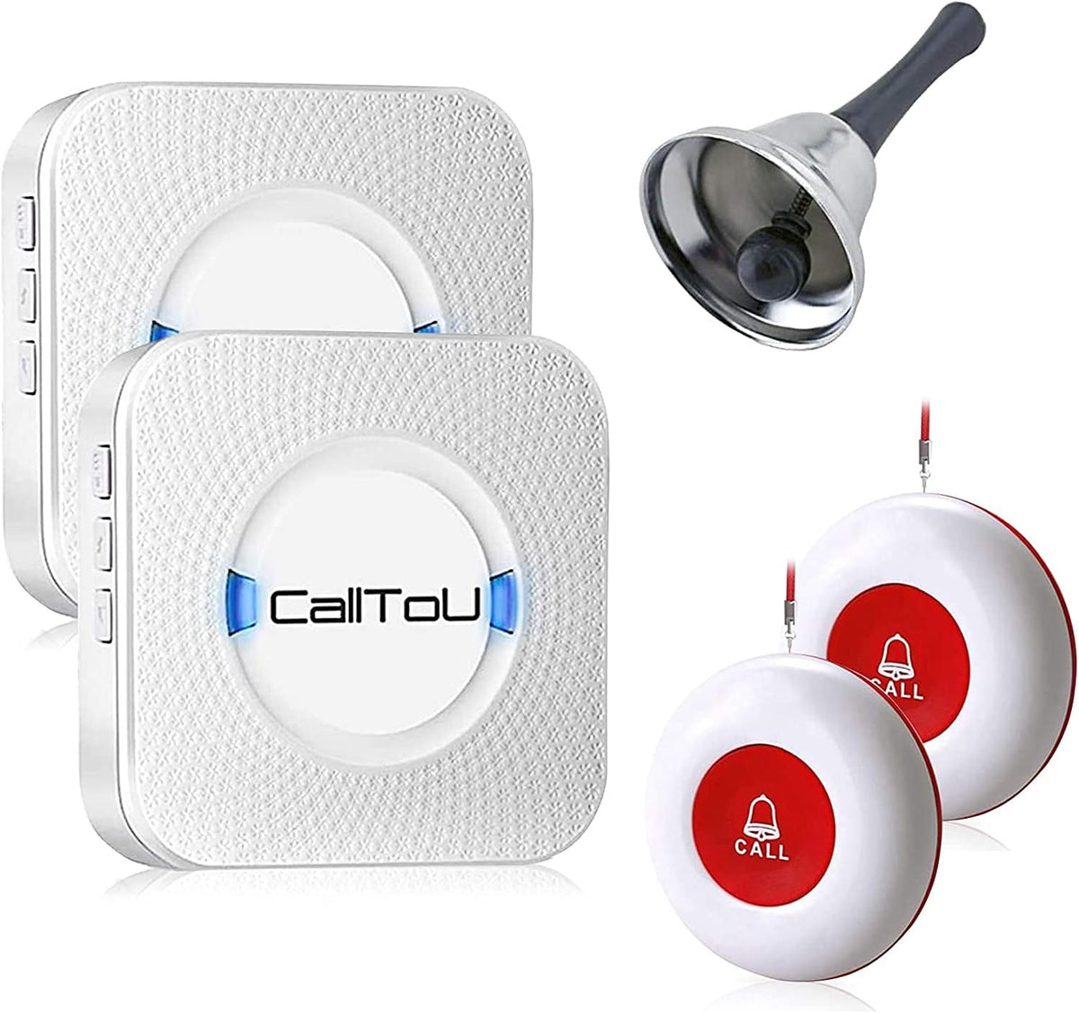 Wireless Caregiver Pager System with 2 SOS Call Buttons, 2 Receivers, 1 Steel Hand Bell W2938