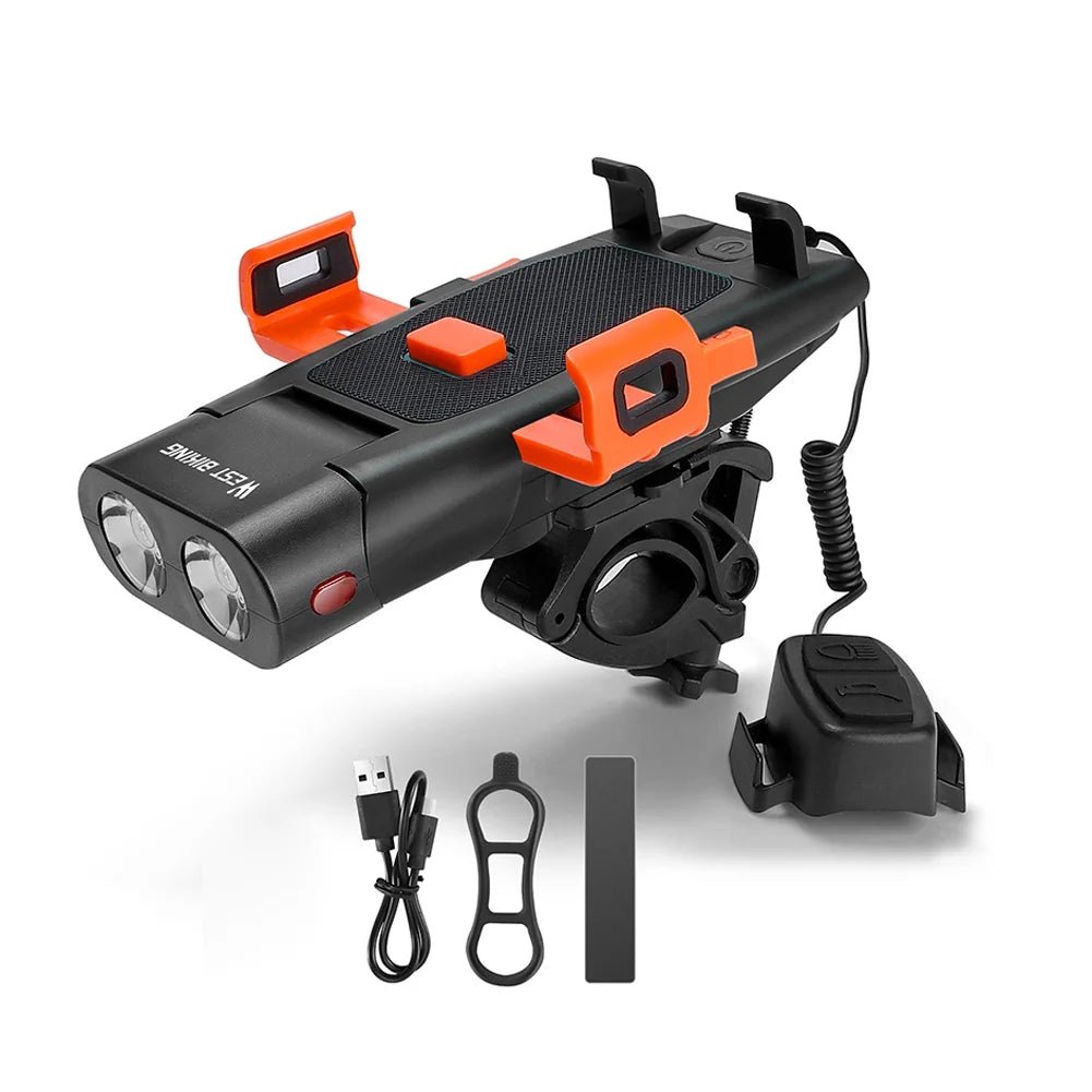 5in1 Bike Front Bracket Lamp Horn Mobilephone Holder Warning Bell Powerbanks USB Rechargeable Cycling Accessories E783