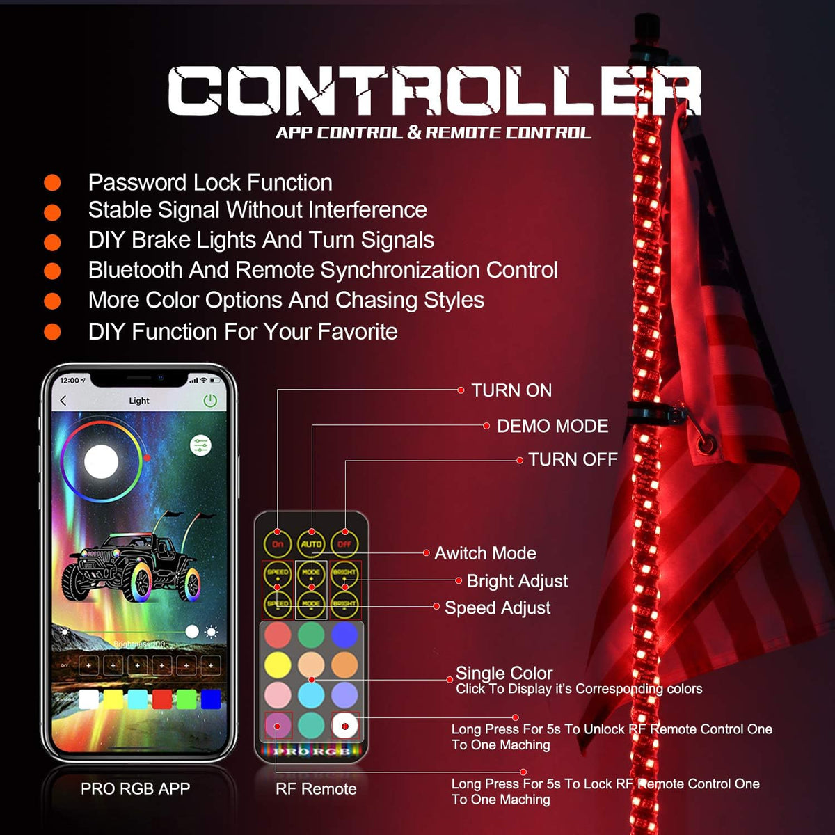 2PCS 5FT LED Whips Light with Remote and app J2011