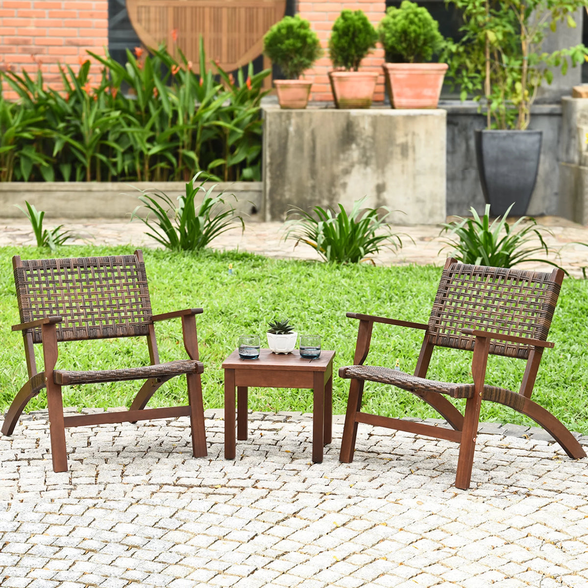 3PCS Patio Rattan Furniture Set Coffee Table R13313