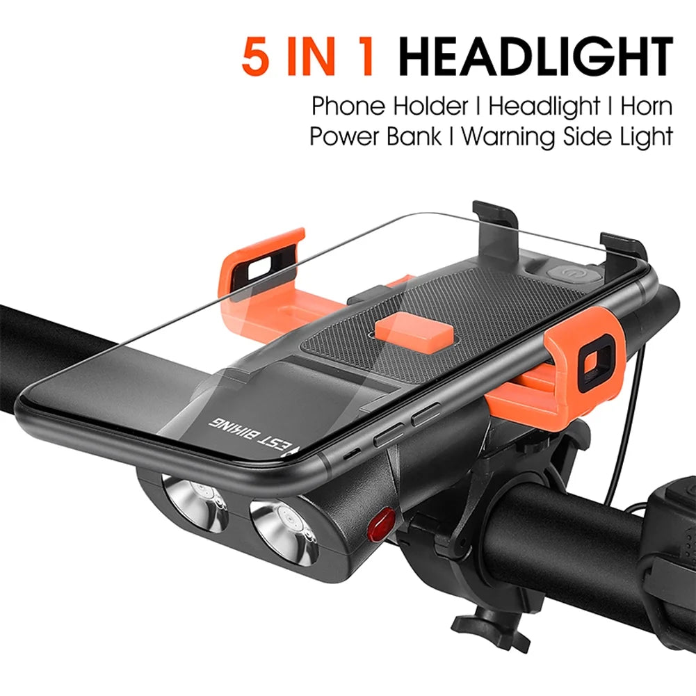 5in1 Bike Front Bracket Lamp Horn Mobilephone Holder Warning Bell Powerbanks USB Rechargeable Cycling Accessories E783