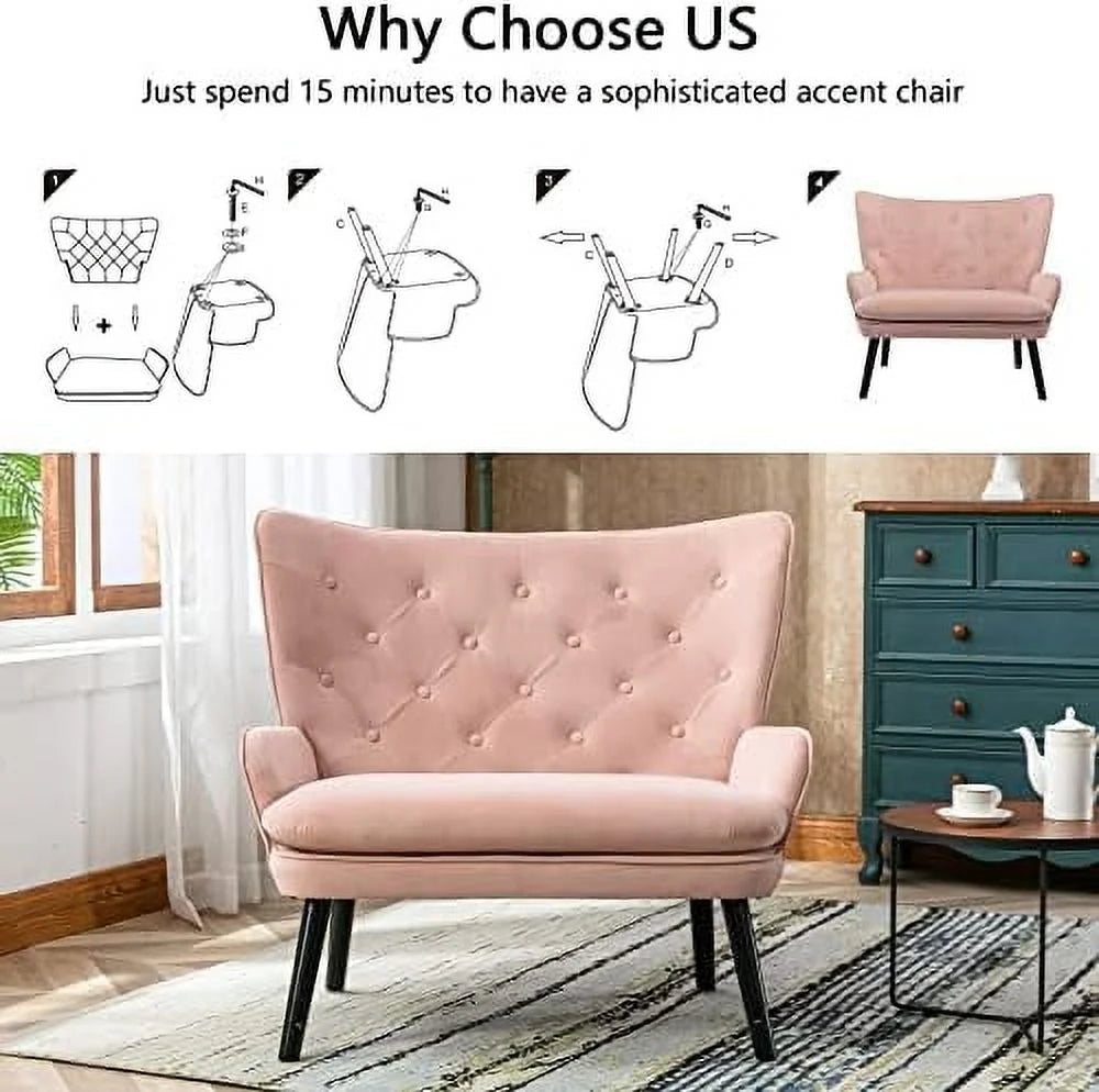 Pink Velvet Tufted Wingback Accent Chair with Solid Wood Legs L227032