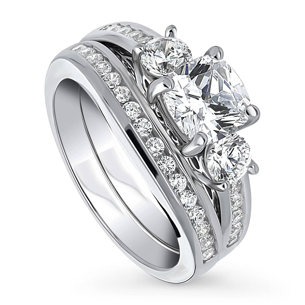 Sterling Silver Cushion Cut Cubic Zirconia Ring Set, Rhodium Plated Size 8.5 I740