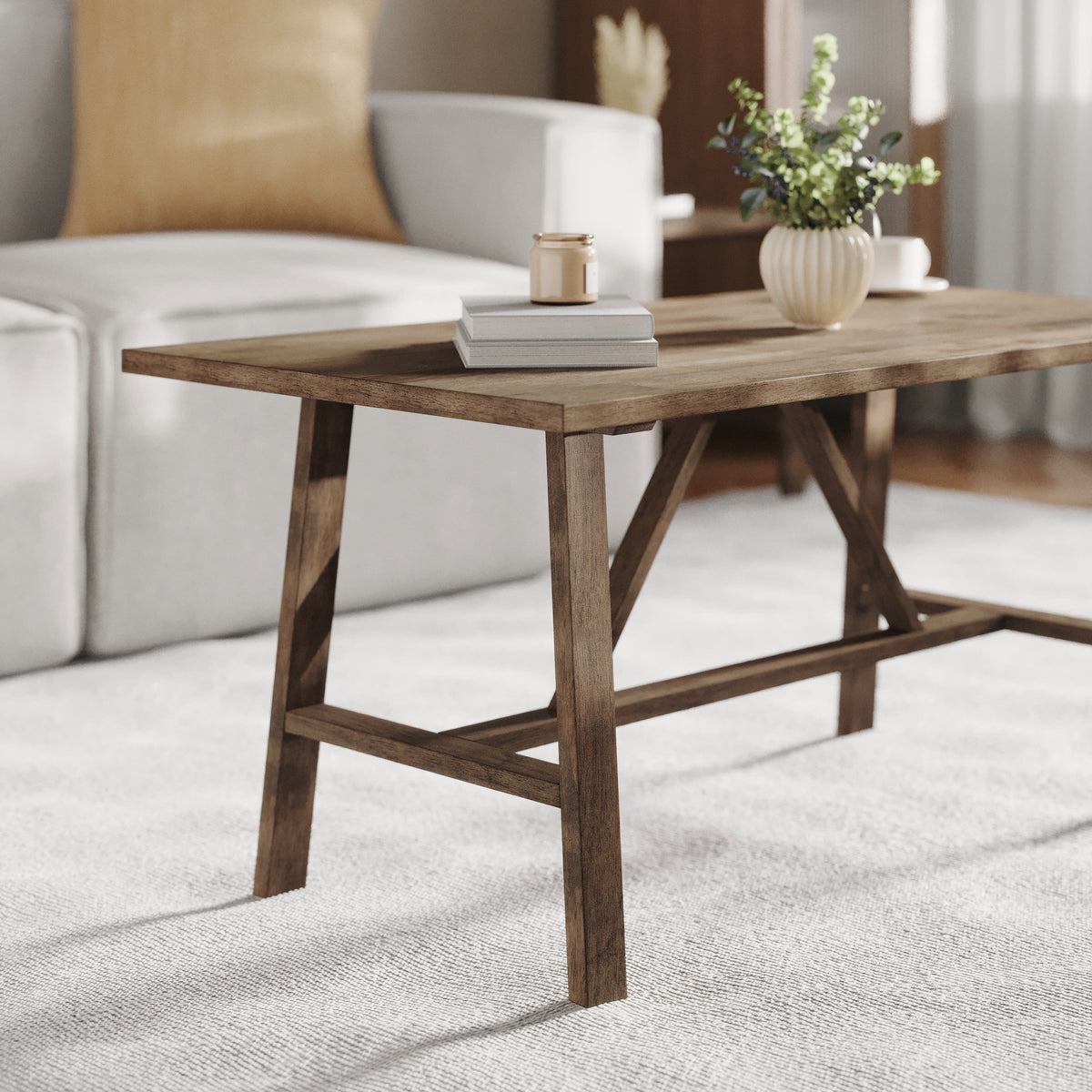 Solid Wood Farmhouse Coffee Table in Rustic Brown R389